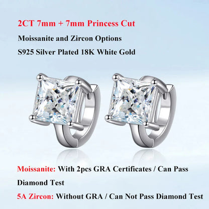 Princess Cut 1CT 2CT D Color Small Moissanite Hoop Earrings For Women s925 Silver Plated 18k Hook Earring Ear Buckle Gift