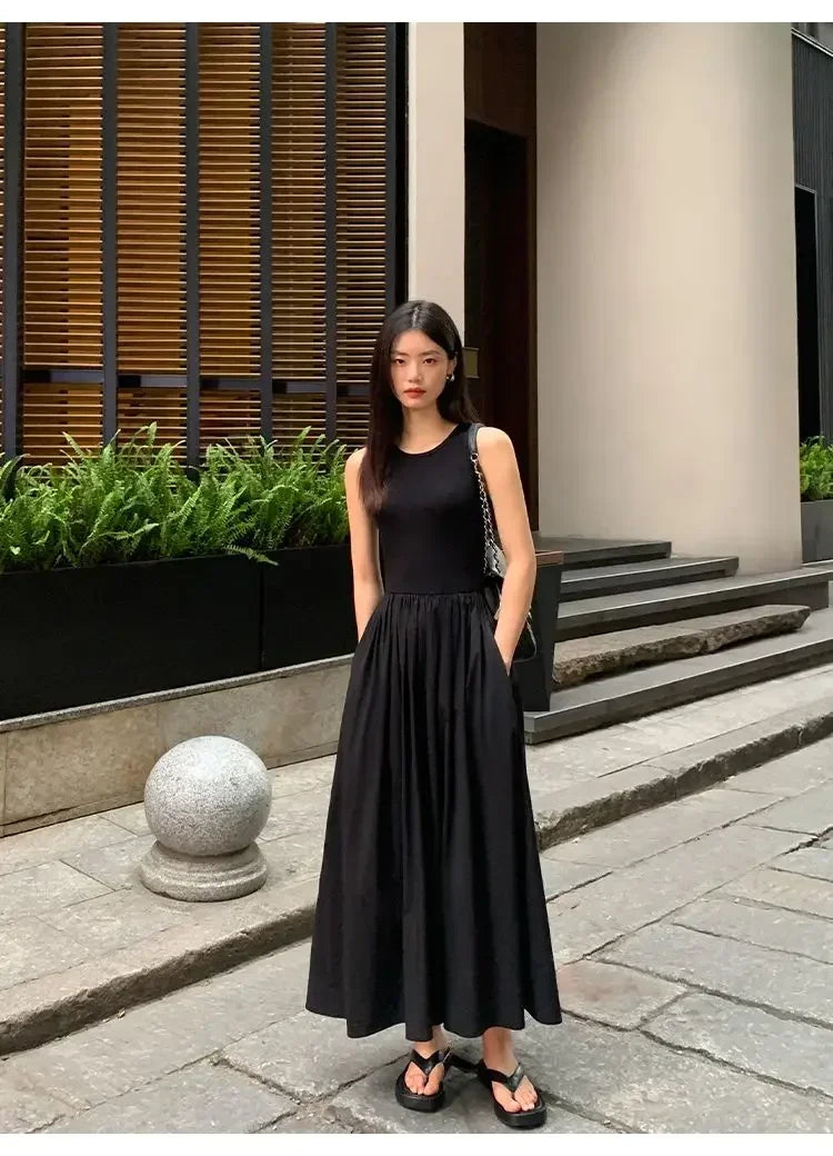 New Vintage Black Tank Top Midi Dress Wedding Dresses for Women Clothing O Neck Office Lady Casual Pockets Women's Clothing