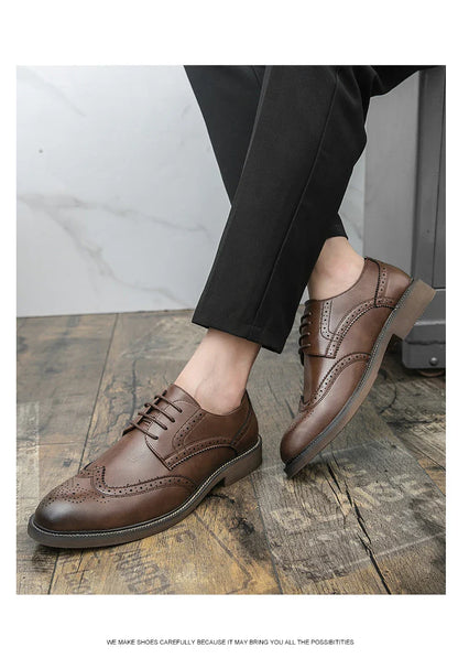 Retro leather shoes - men's brook engraved lace-up British business formal soft-soled fashionable casual trendy shoes
