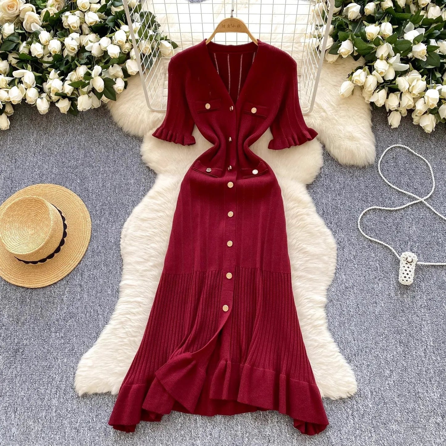 Fashion Vintage Knitted Long Dress Spring Summer Women Elegant V-neck Ruffled Bodycon Sweater Dress Party Vestido