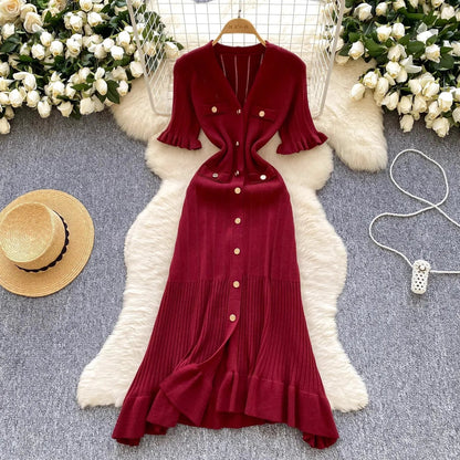Fashion Vintage Knitted Long Dress Spring Summer Women Elegant V-neck Ruffled Bodycon Sweater Dress Party Vestido