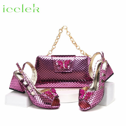 Royal Blue 2024 New Fashionable Summer Hollow Pattern Design Comfortble Heesl Sandal with Bag Set For Wpmen Party