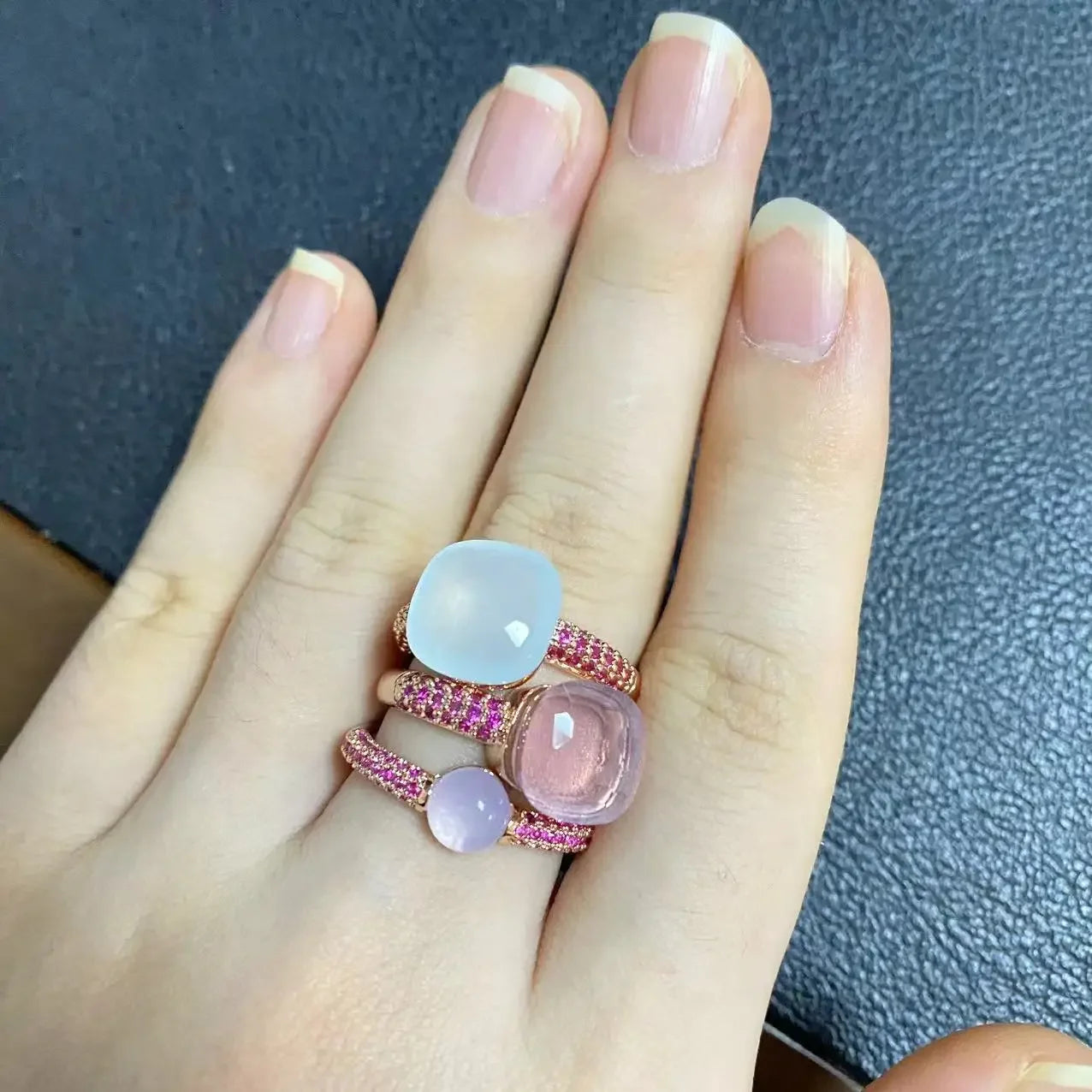 Conjunto de 3 anéis empilháveis ​​Nudo para mulheres, conjunto com cores mistas, cristais tipo bala incrustados, zircônia, ametista, topázio azul, joia redonda, presente