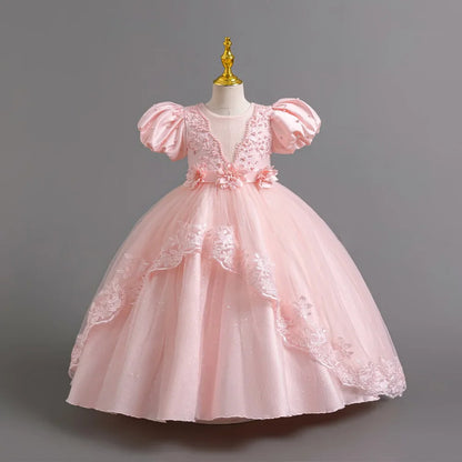 Girl's Pearl Bubble Sleeves Princess Dress 4-12 Years Old Fashionable Flower Lace Satin Dress Birthday Wedding Flower Girl Dress