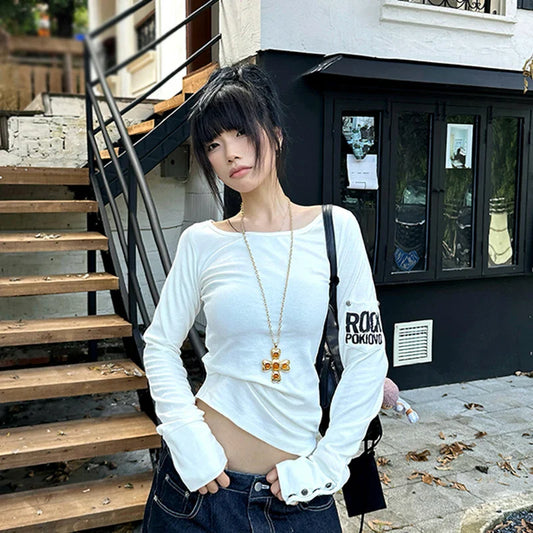 American Retro Print T-shirt Women Long Sleece Button Graphic Tops Y2k Tops 2000s Japanese Grunge Tops E-girls Autumn
