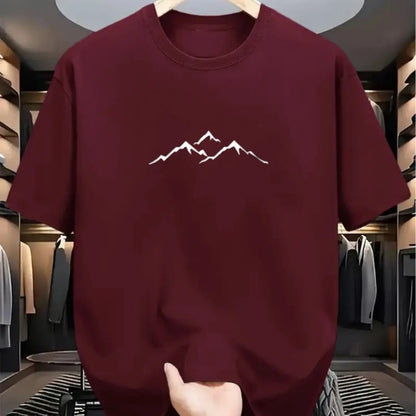 Men's summer 100% pure cotton fashionable casual loose sports mountain pattern printed round neck short sleeved T-shirt top