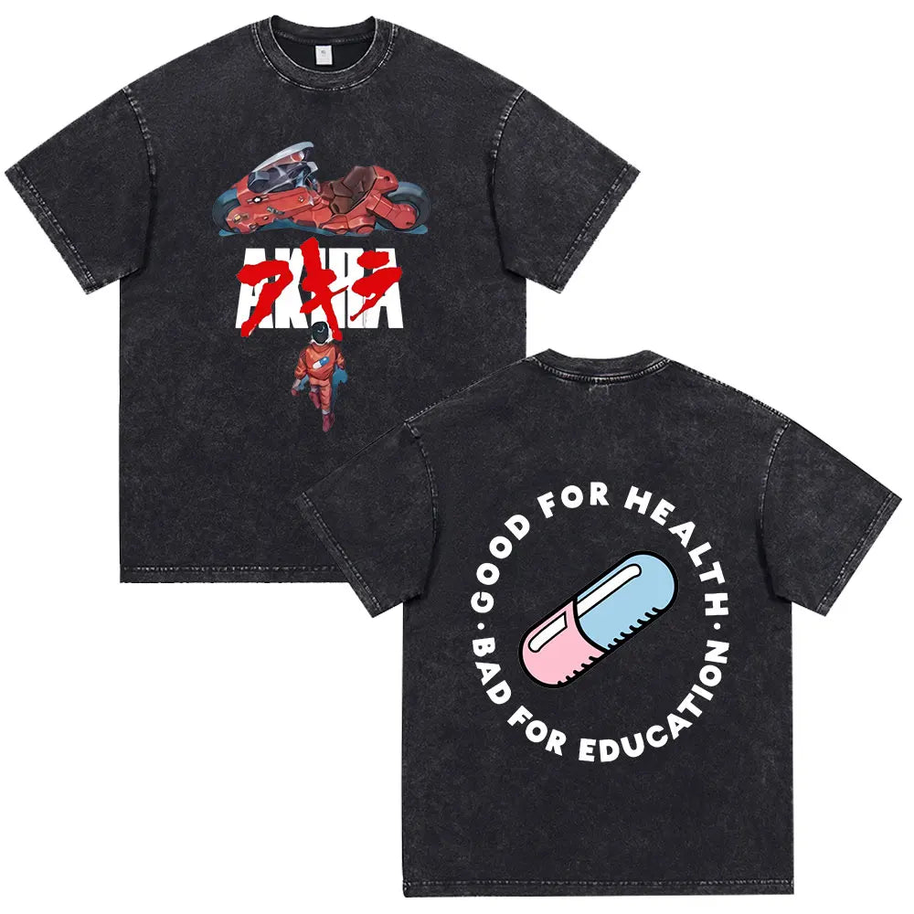 Japanese Anime Akira Washed Vintage T Shirt Science Fiction Cartoon Movie Shotaro Kaneda T-shirt Men Women Cotton Casual T-shirt