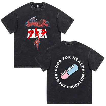 Japanese Anime Akira Washed Vintage T Shirt Science Fiction Cartoon Movie Shotaro Kaneda T-shirt Men Women Cotton Casual T-shirt