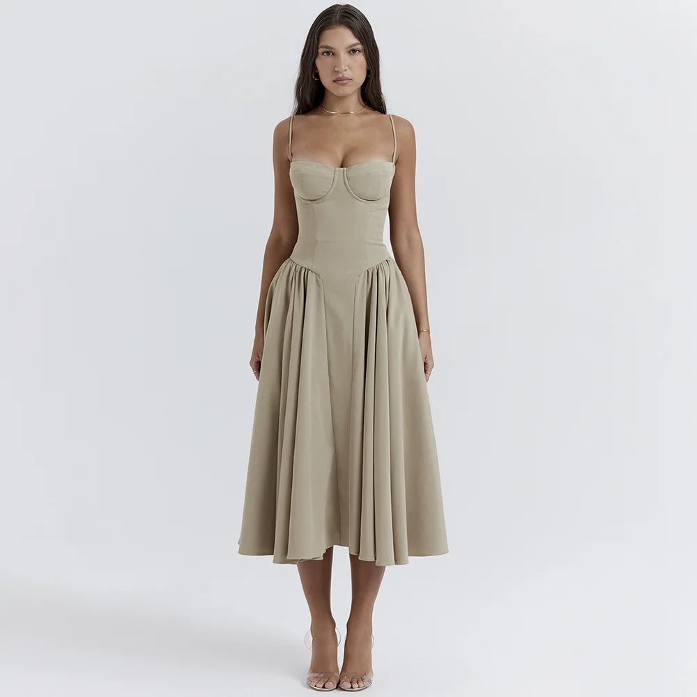 Women Elegant Sleeveless Backless Pleated Dresses Lady Sexy Solid Sling Midi Dress 2024 Female Party Evening A-line Robes