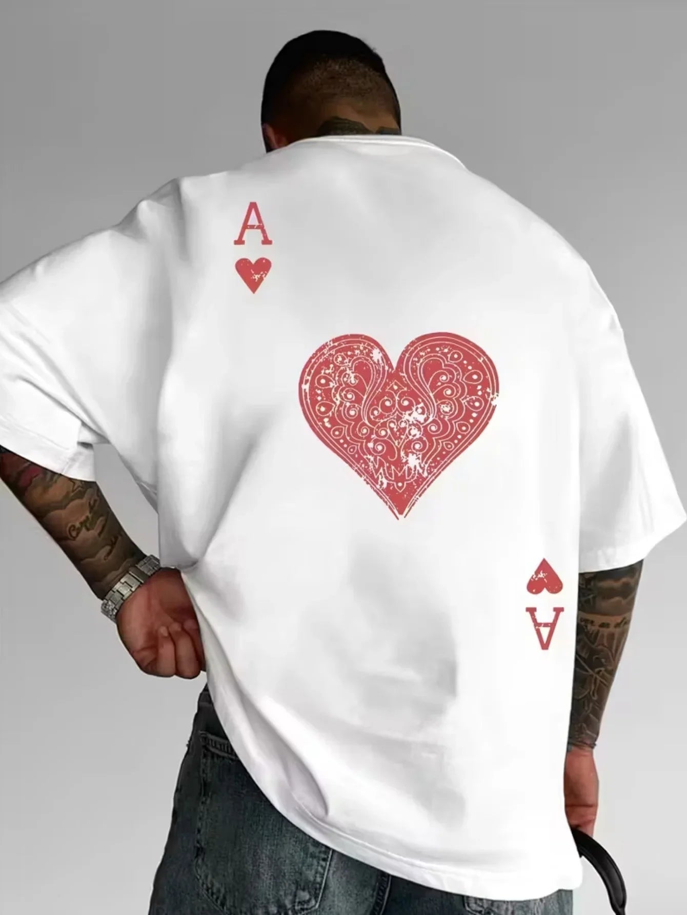 Men's Red Heart A Print T-Shirt Pure Cotton and Breathable Streetwear Oversized Loose Casual Crew Neck Short Sleeve