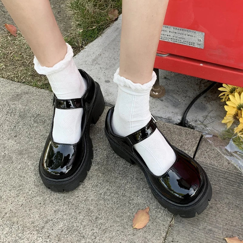 Patent Leather High Heels Mary Jane Shoes Women Japanese Style Ankle Buckle Platform Pumps Woman Punk Jk Uniform Lolita Shoes 43