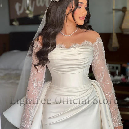 White Mermaid Wedding Dresses Formal Off The Shoulder Long Sleeve Bridal Dress Boho Beach Wedding Prom Gowns Customized