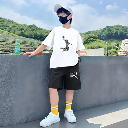 Kids Sets white T-Shirt Basketball shooting cool Boy black Girls red Casual Tops TShirt+Shorts Children's Summer Short Sleeve