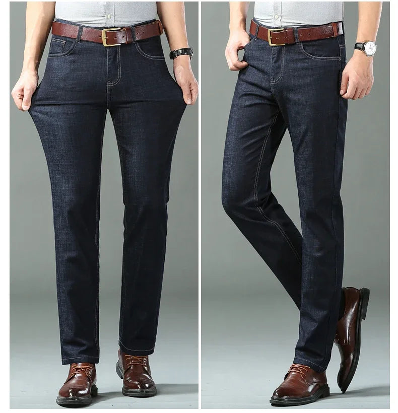 Denim Jeans For Men Blue Straight Stretch Cotton Pants Business Casual Lightweight Trousers Spring Summer