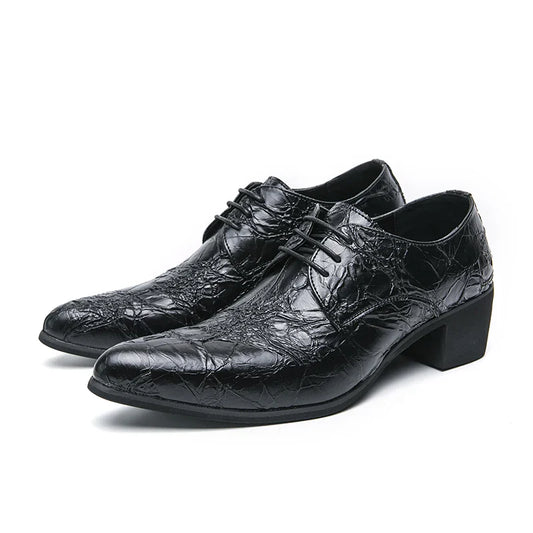 Men High Heeled Lace Up Derby Shoes PU Embossed Fashionable  Comfortable Business Formal Banquet Men Shoes