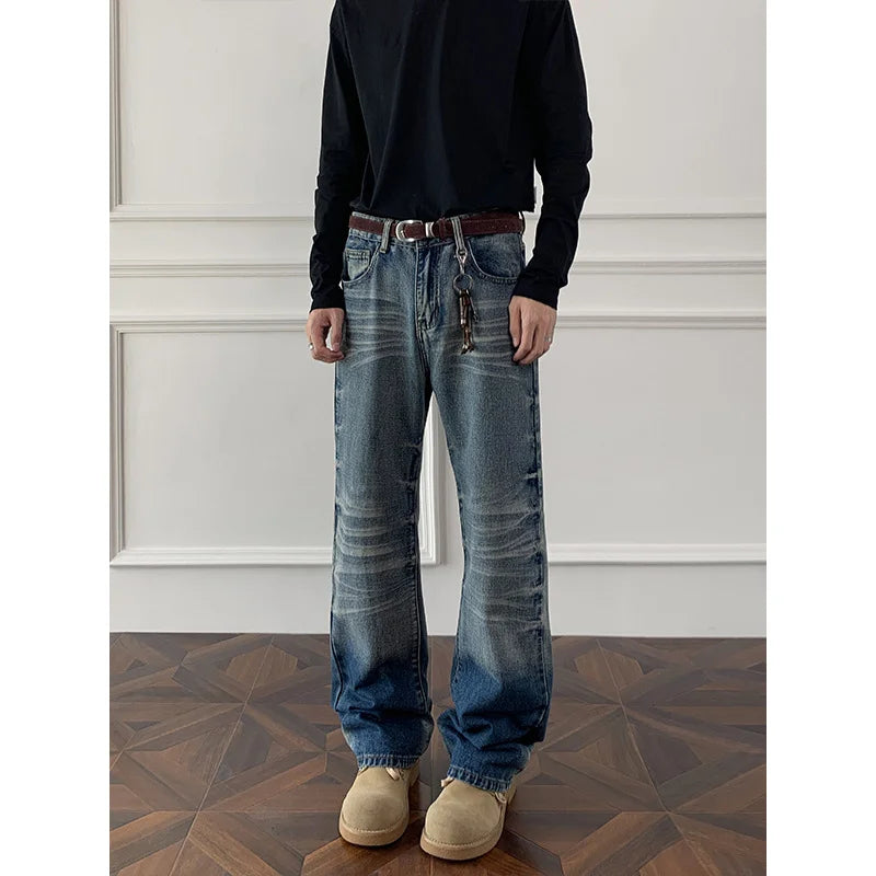 Cleanfit cat whisker gradient jeans for men, autumn niche design pants, American retro straight leg micro flared pants