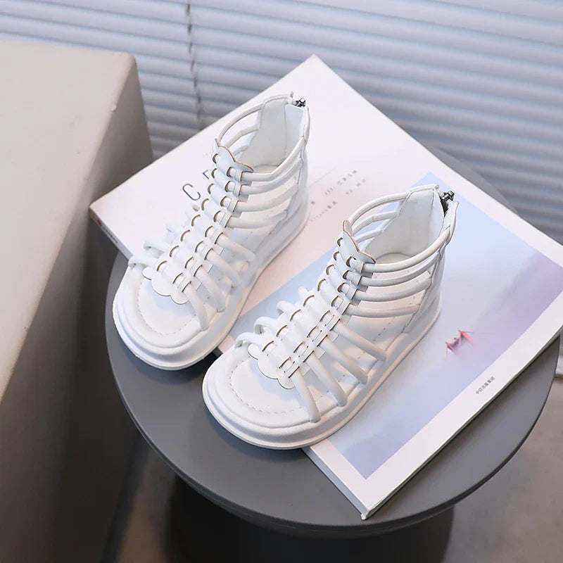 Girl's Sandals Gladiator Style Hollow-out Ankle-high Chunky Kids Summer Shoes White Black Zipper Chic Children Sliders 21-36