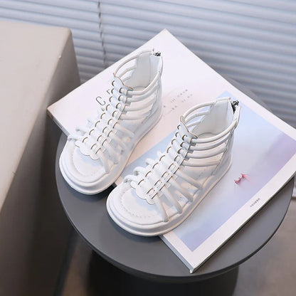 Girl's Sandals Gladiator Style Hollow-out Ankle-high Chunky Kids Summer Shoes White Black Zipper Chic Children Sliders 21-36