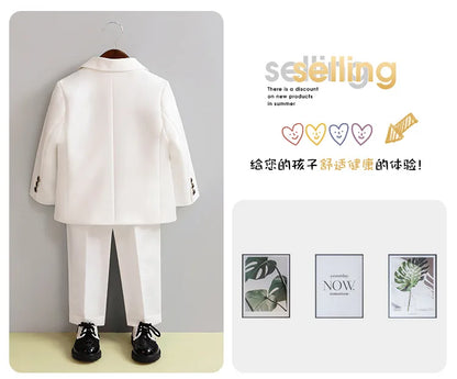 Children White Wedding Suit Boys Girls1 Year Birthday Dress Costume Kids Jacket Pants Bowtie Photograph Suit Flower Tuxedo Dress