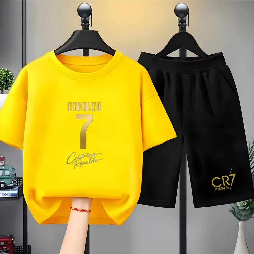 Children Short-sleeved T-shirt+Shorts black Boys Girls Toddler 3-12Yrs Sports Set Football Player No. 7 Summe cool Clothing