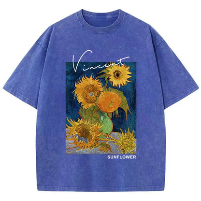 Camisetas Femininas Casuais de Algodão Lavado Estampa Girassol Van Gogh Manga Curta Gola Redonda Blusas Respiráveis Macias Roupa Feminina da Moda