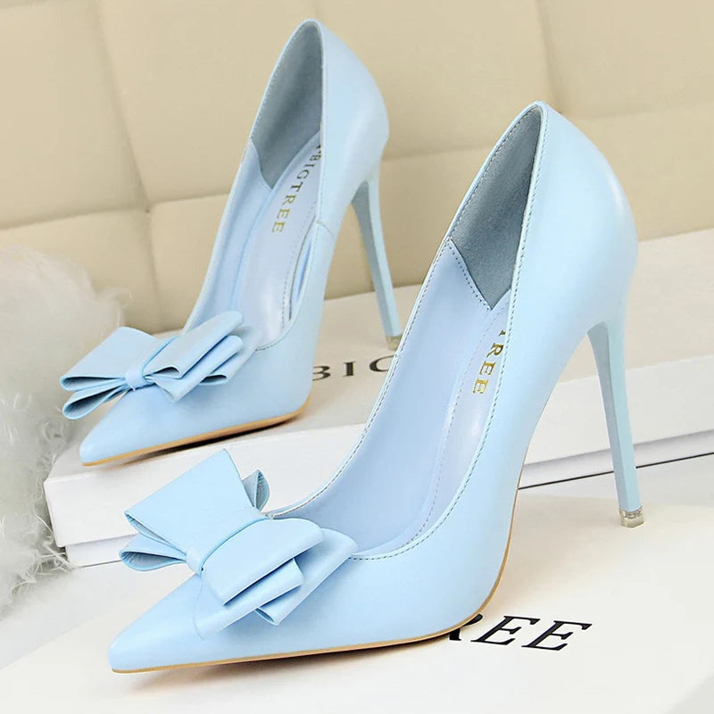 Female New Elegant 10.5cm High Heels Pumps Lady Sky Blue Butterfly Knot Design Princess Shoes Women Glam Pointed Toe Shoes