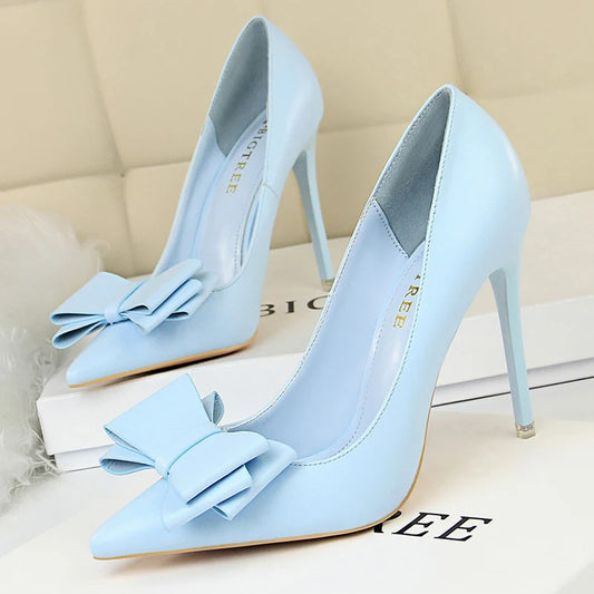 Female New Elegant 10.5cm High Heels Pumps Lady Sky Blue Butterfly Knot Design Princess Shoes Women Glam Pointed Toe Shoes