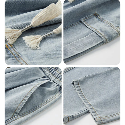 Large Pocket Baggy Solid Jeans Men's 2026 New Spring Classic Straight Denim Trousers Street Y2K Elastic Waist Casual Cargo Pants