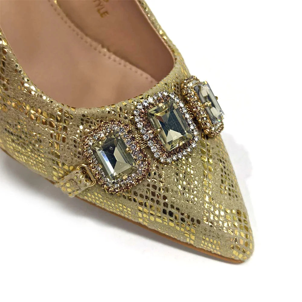Rhinestone Pointed-Toe High Heels Shoes and Bags Set for Women Wedding and Party Elegant Luxury Fashion in Wine Color