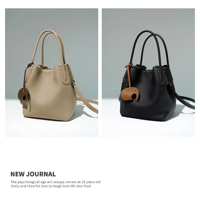 Head Layer Cowhide Vegetable Basket Bag Genuine Leather Cell Phone Crossbody Bag Commuter Shoulder Bucket Bag