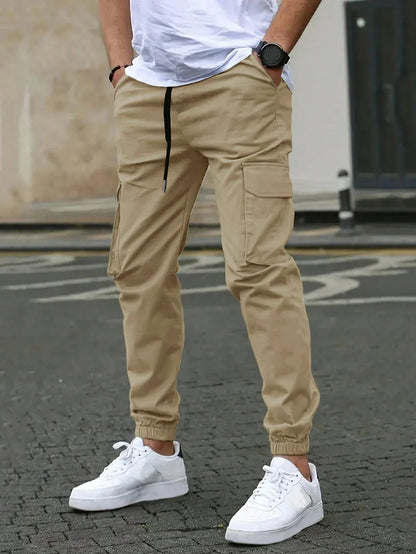 Men's Slim Fit Elastic Waist Cargo Pants Multi-Pockets Cuffed Hem Comfortable for Casual Outdoor Wear