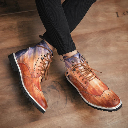 Men Lace-up High Top Brogue Carved Business Boots