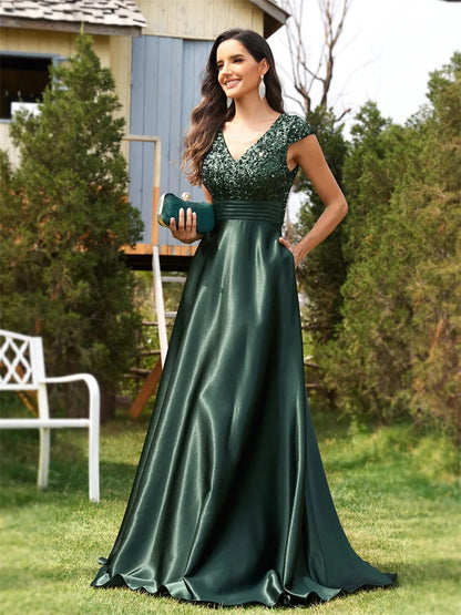 Elegant V-Neck Green Pleats Sequins Evening Dresses Long Luxury Women Satin Sleeveless Wedding Party Cocktail Gowns