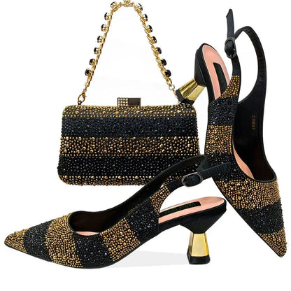 Pointed-Toe Luxury Style High Heels Sandal With Bag Set in Gold Color For Wedding Party Women