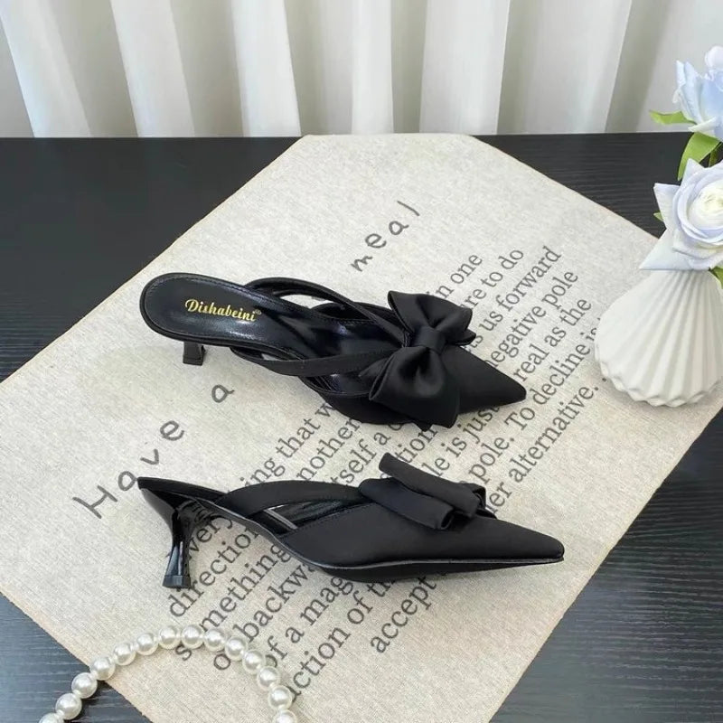 Fairy Style Pink Cool Slippers for Women's Summer 2024 French Pointed Bow Hollow High Heels, Half Wrapped Women's Slippers