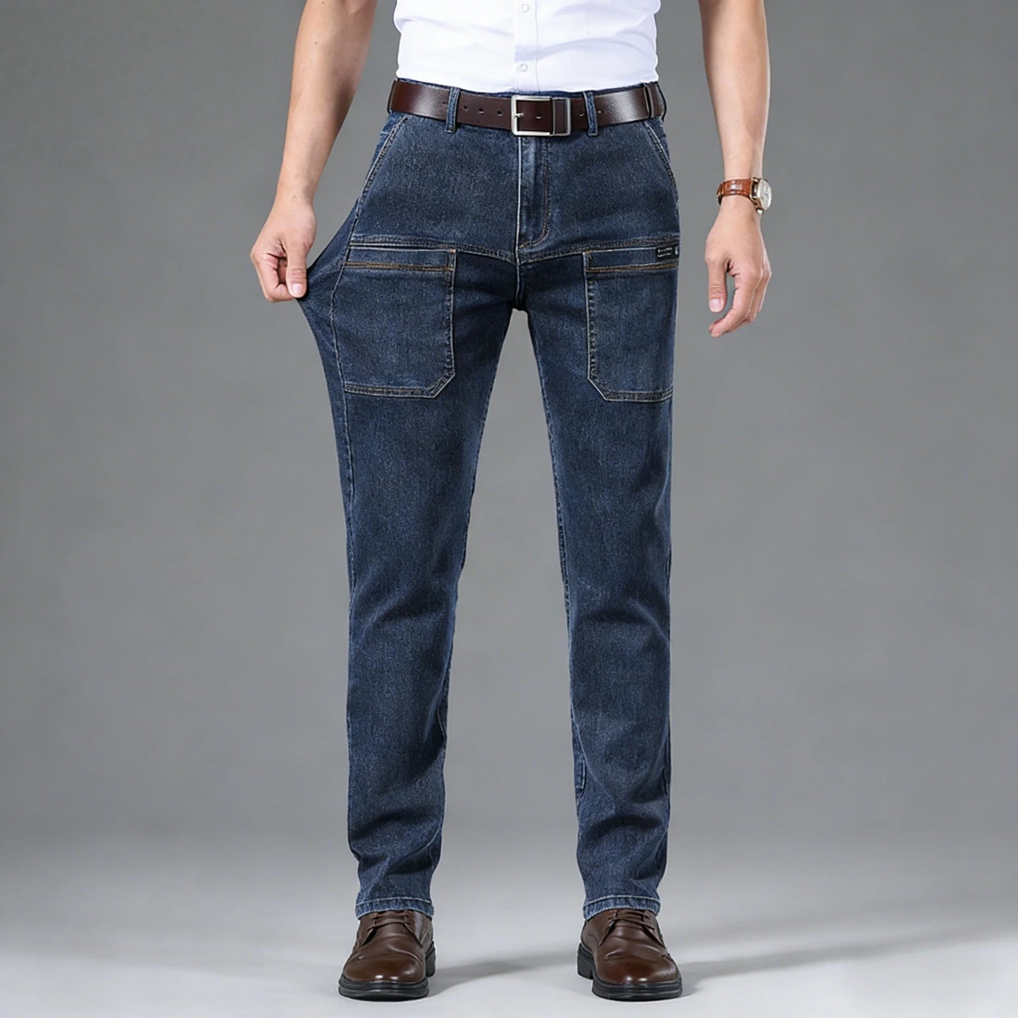 Men's retro workwear jeans, slim fit straight leg with multiple pockets, micro elastic versatile casual pants