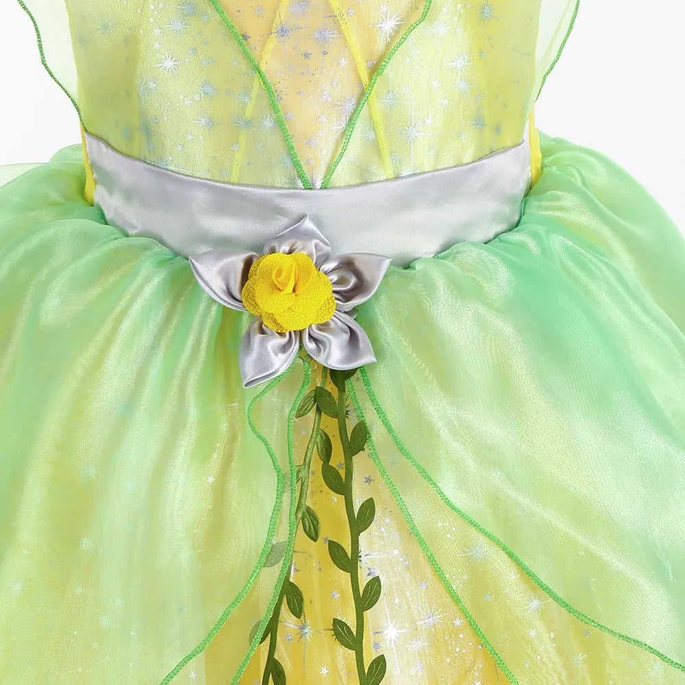Fairy Tale Princess Costume for Girl Dressy Floral Ball Gown Princess and Frog Cosplay Tiana Halloween Apparel Green Dress 2-10Y