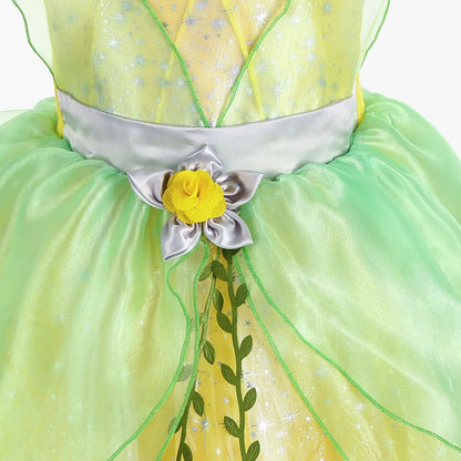 Fairy Tale Princess Costume for Girl Dressy Floral Ball Gown Princess and Frog Cosplay Tiana Halloween Apparel Green Dress 2-10Y