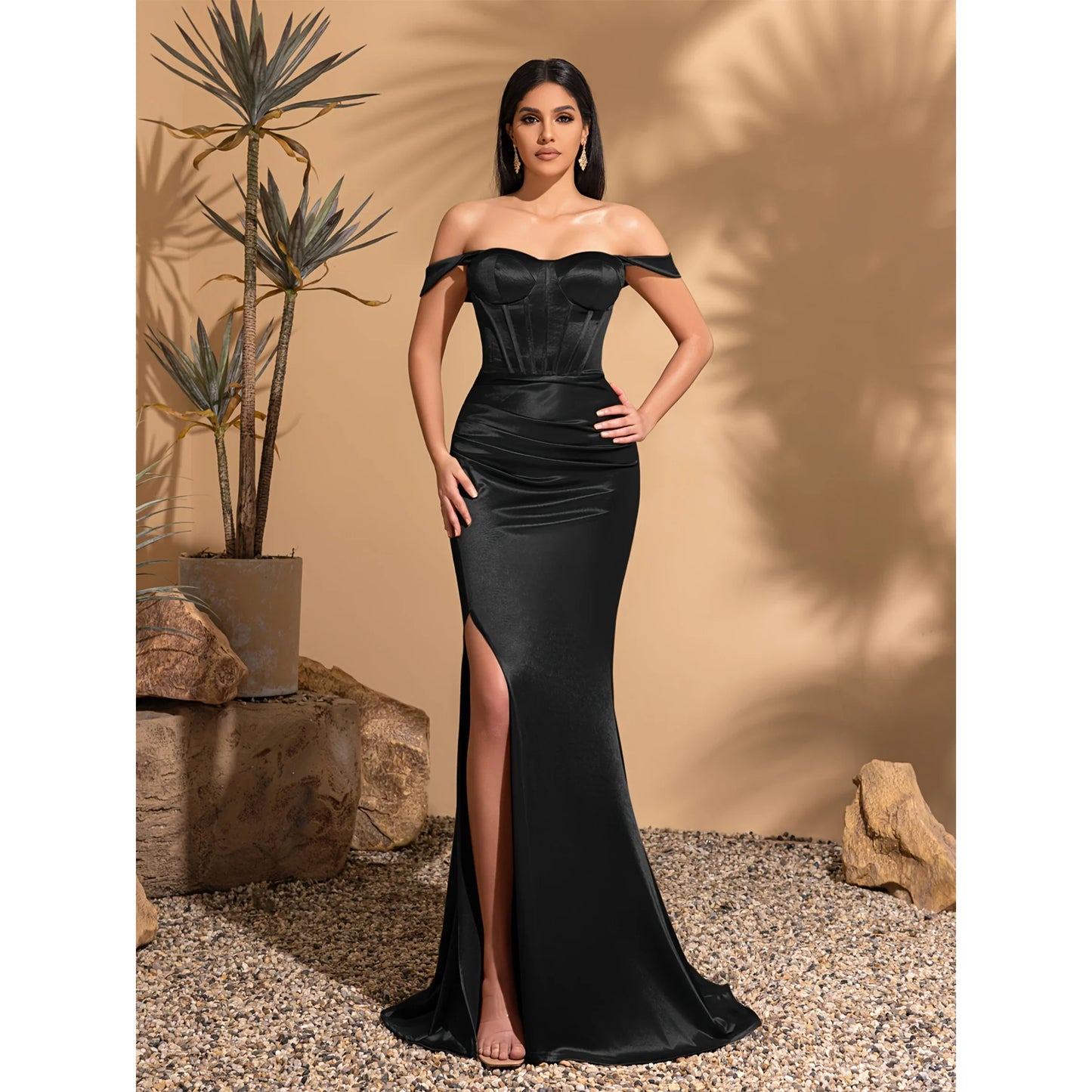 Vestido Elegante de Festa de Casamento com Ombro a Ombro, Plissado, Cintura Alta e Fenda