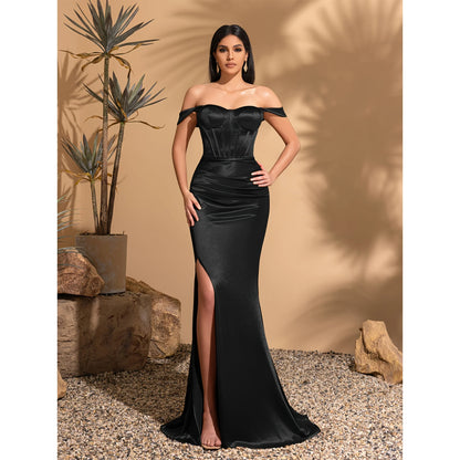Vestido Elegante de Festa de Casamento com Ombro a Ombro, Plissado, Cintura Alta e Fenda