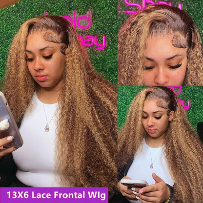 4/27 32 Inch Highlight Honey Brown Curly Lace Front Human Hair Wigs 13x6 Ombre Colored Deep Wave Lace Frontal Wigs Women ﻿
