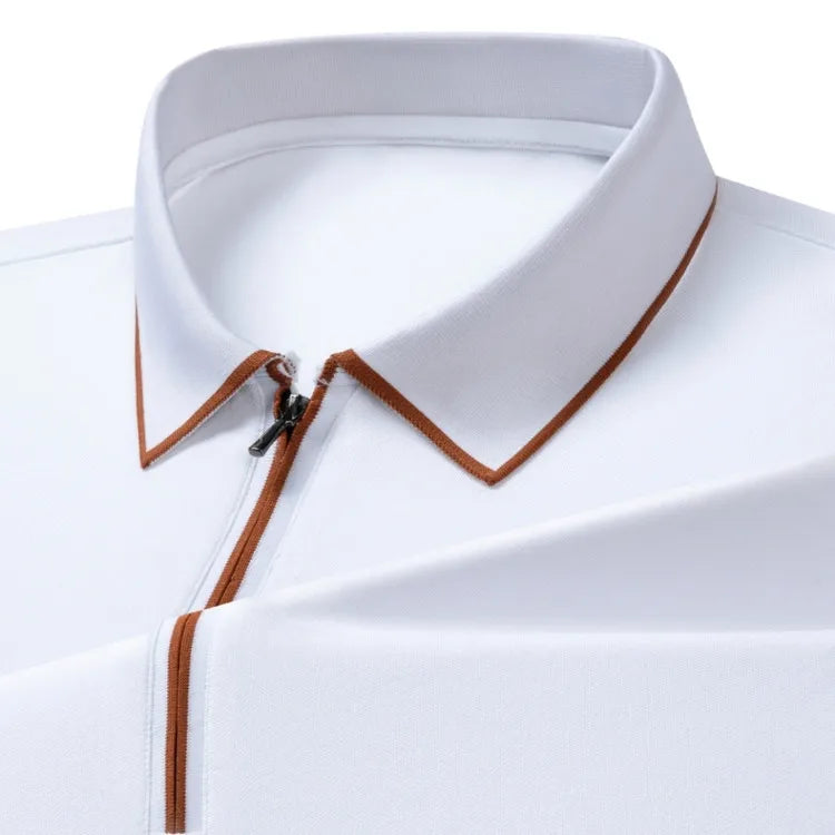 Men's Silk Zipper Polo Shirt Short Sleeve Mulberry T-Shirt Metal Zipper, Stand Collar Luxury Casual Summer Top Cotton&Linen Tee