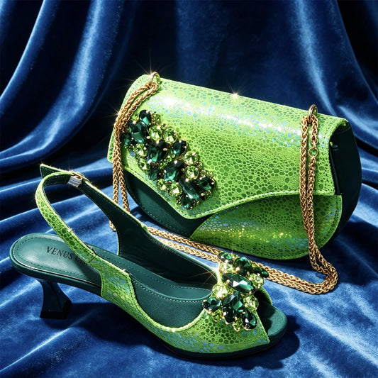 2026 New INS Style Green Elegant High Heels & Matching Bag Set for Women – Popular Nigerian Designer Shoes for African Ladies