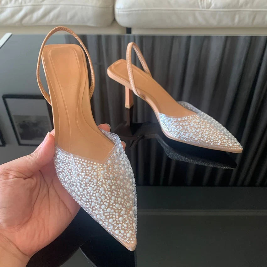 2024 Moda Verão Feminina Salto Alto Decoração de Pérolas Slingback Scarpin Feminino Salto Fino Bico Fino Sandálias Sapatos Femininos Elegantes
