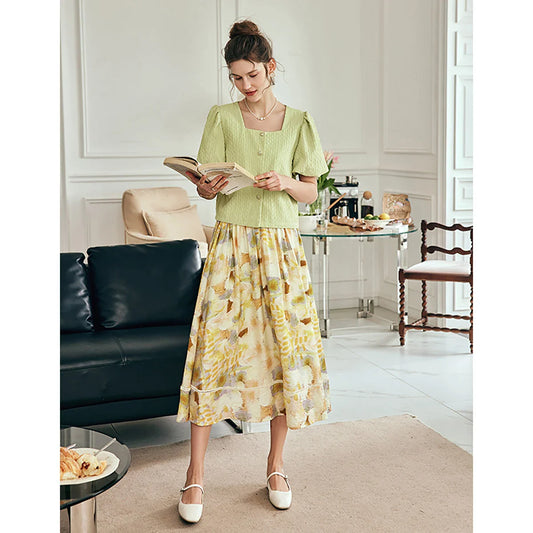 Women Long Skirt French Fashion Floral Skirt 2026 Summer High-waisted Splicing Hollow A-shaped Pendulum Skirts O23XB80203