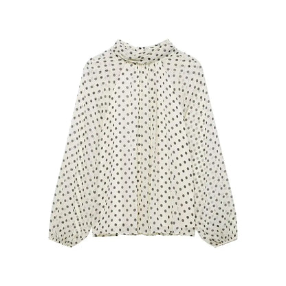 New Women Bow Collar Blouse Vintage Polka Dot Printed Loose Tops Fashion Elegant Spring Long Sleeve Commuting Shirts