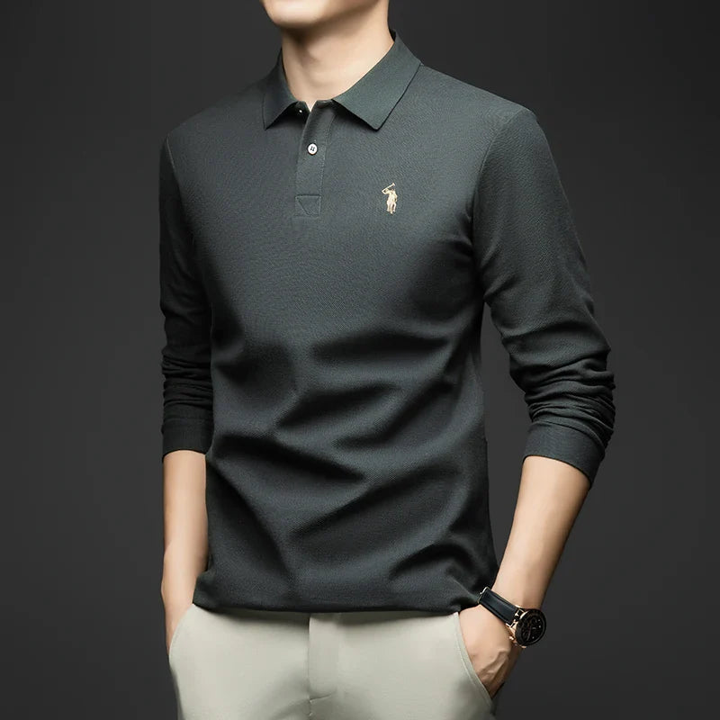 100% Pure Cotton Men's Long Sleeved Polo Shirt, Collar T-shirt, Spring and Autumn Top, No Ironing, Wrinkle Resistant Embroidery