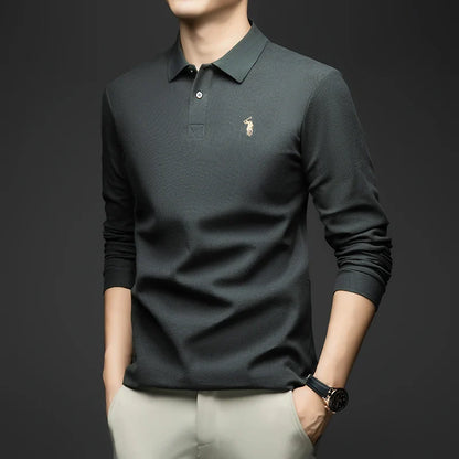 100% Pure Cotton Men's Long Sleeved Polo Shirt, Collar T-shirt, Spring and Autumn Top, No Ironing, Wrinkle Resistant Embroidery