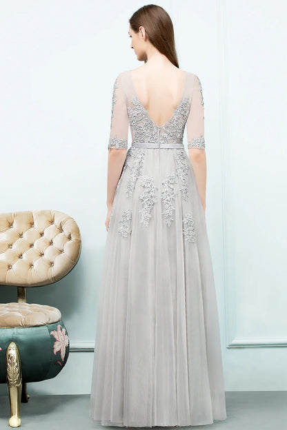 Elegant Half Sleeve Evening Dresses Lace Appliques A-Line Long Tulle Strap V-Neck Sheer Backless Prom Dress Empire Party Gowns