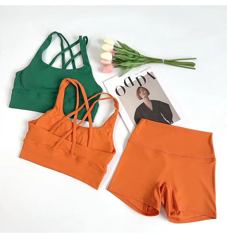 2Pcs Yoga Sets Naked Feel Gym Set Women Workout Clothes High Waist Yoga Shorts And Strappy Sports Bra Short Sets Summer
